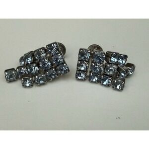 Vintage Light Blue Rhinestone Screw-Back Earrings in a Silver-Tone Setting.